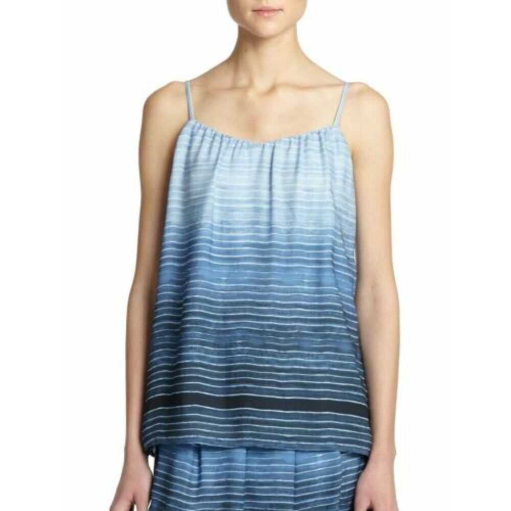 VINCE Blue Ombre Striped 100% Silk Spaghetti Strap Flowy Tank Top Size Large